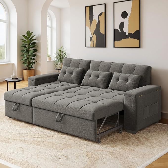 Ahomly 87 Convertible Sleeper Sofa Bed with Pull-Out Design Adjustable Backrest Wide Armrests with Storage Comfortable Pillows – Perfect for Small Spaces (Dark Grey)