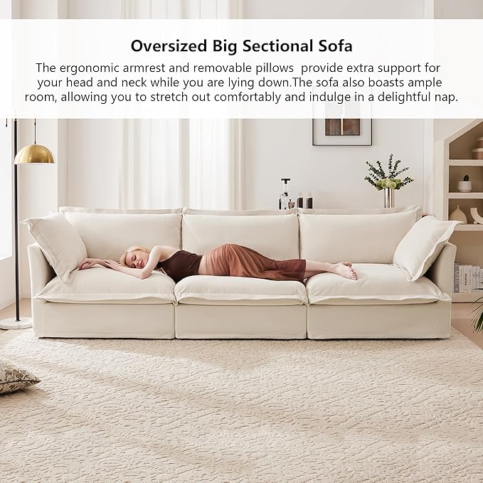 Aoowow Oversized Modular Sectional Sofa120” U-shaped Comfy 3-Seat Sofa Couch with 2 Movable Ottoman Upholstered Deep Seat Couches with Big Toss Pillows for Living Room Apartment OfficeCream-Chenille