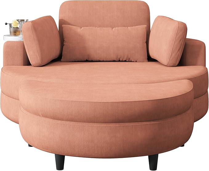 51-Inch Orange Corduroy Sofa Lounge Chair with 2 Throw Pillows 1 Waist Pillow 1 Extra Storage Tray for Comfortable Seating in Small Apartment Bedrooms Living Room