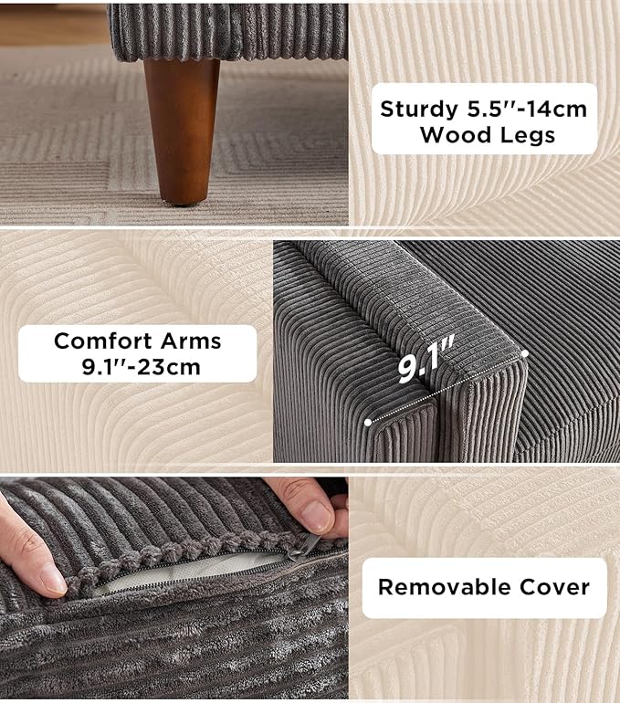 Tbfit 85 Corduroy Couch for Living Room 3 Seater Mid Century Modern Sofa with Spring Cusions &amp Extra Deep Seat for Bedroom Small Comfy Upholstered Couches Easy Assembly with Solid Wood Legs Gr