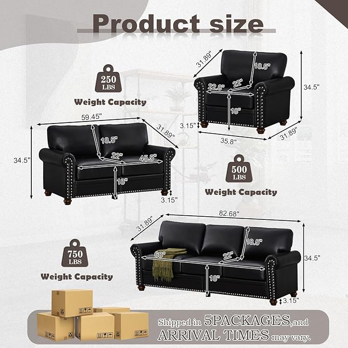 3 Piece Faux Leather Sofa SetMid Century Modern Couch and Loveseat Sets with StorageComfy Deep Seat Sofa with Nailhead Trim &amp Rolled Arm for Living RoomOffice(Armchair+Loveseat+3 SeaterBlack)