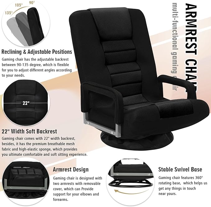 Swivel Floor Gaming Chair w/Armrests Folding Video Reclining Sofa w/6 Adjustable Position Padded Backrest &amp Cushion Lazy Lounger Couch for E-Sports Reading Relaxing Watching TV Black