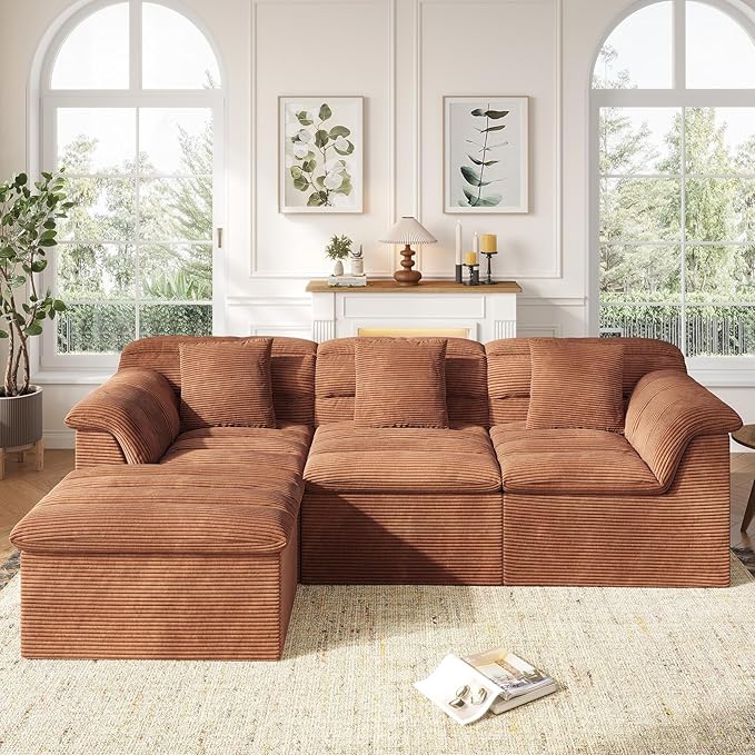112 Modular Cloud Sectional Couch with Ottoman Modern Upholstered Compressed Sofa with Deep Seat Comfy L-Shape Corduroy Couches for Living Room No Assembly Required Toffee