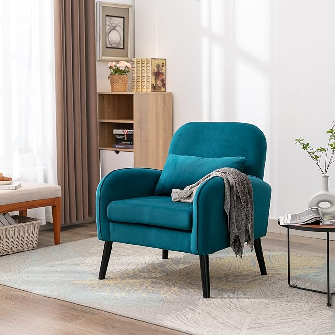 Mid Century Modern Accent ChairSingle Sofa Chair with Solid Wood Legs Comfy Fabric Upholstered Reading Armchair with A Soft Cushionfor Living Room BedroomApartmentOffice (Teal)