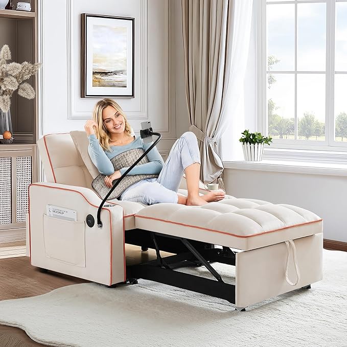 SLEERWAY 3-in-1 Convertible Futon Sofa Bed Chair Multi-Functional Sleeper Chair Bed with Pull Out Couch and Adjustable Backrest Modern Velvet Chaise Lounge Armchair for Living Room Bedroom Beige