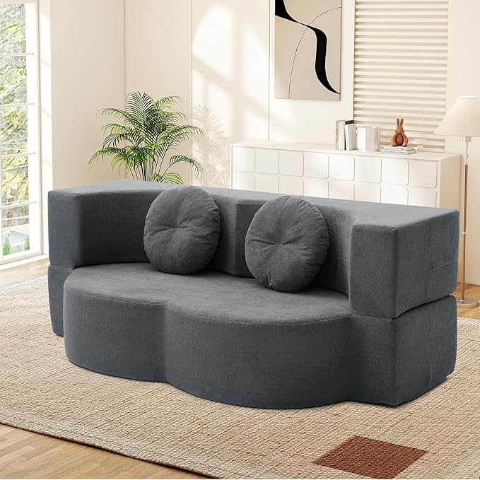 Folding Futon Sofa Bed Modern Convertible Fold Out Chenille Cloud Memory Foam Boneless Floor Lounge Loveseat Sleeper Mattress Sofa Couch with 2 Pillows for Guest Room Living Room Office Grey