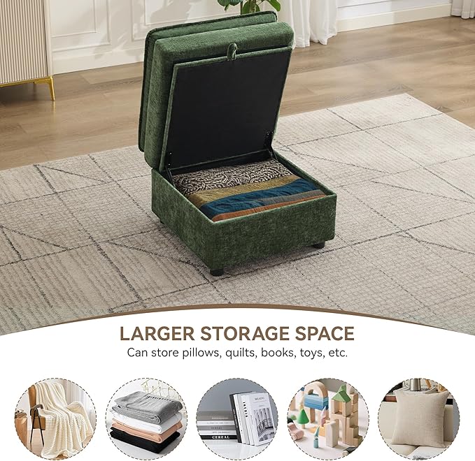 27 Large Square Ottoman with Storage Modern Upholstered Footrest with Anti-Slip Legs for Couch Coffee Table Living Room Bedroom Entryway Chenille Green