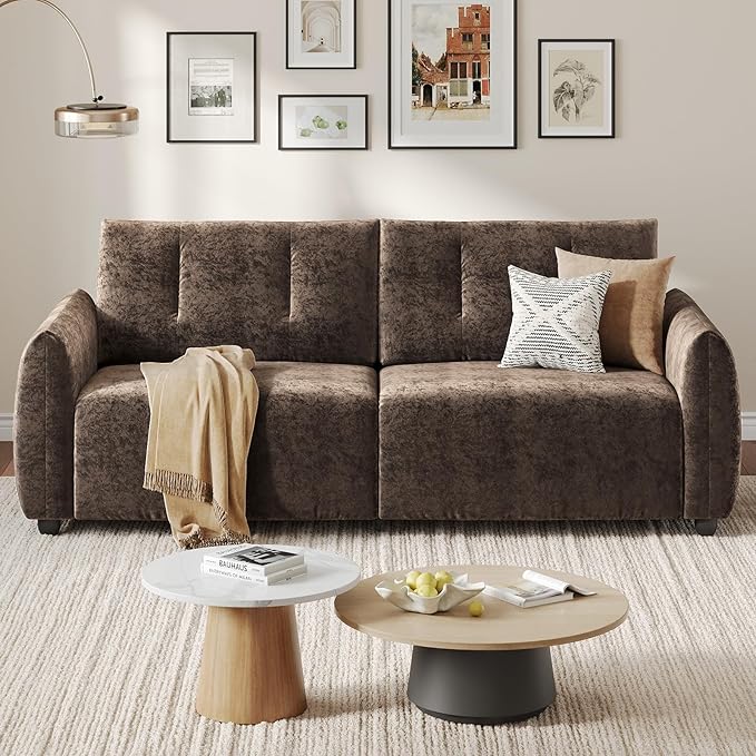 84.5 Inch Loveseat SofaModern Couch and SofaFeather-tip armrest DesignSturdy and Easy InstallationSmall Sofa for Living Room Bedroom Office and ApartmentChenille FabricDark Brown