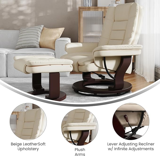 Flash Furniture Bali Contemporary Multi-Position LeatherSoft Recliner Chair with Ottoman 360-Degree Swivel Recliner Chair/Ottoman Set Beige