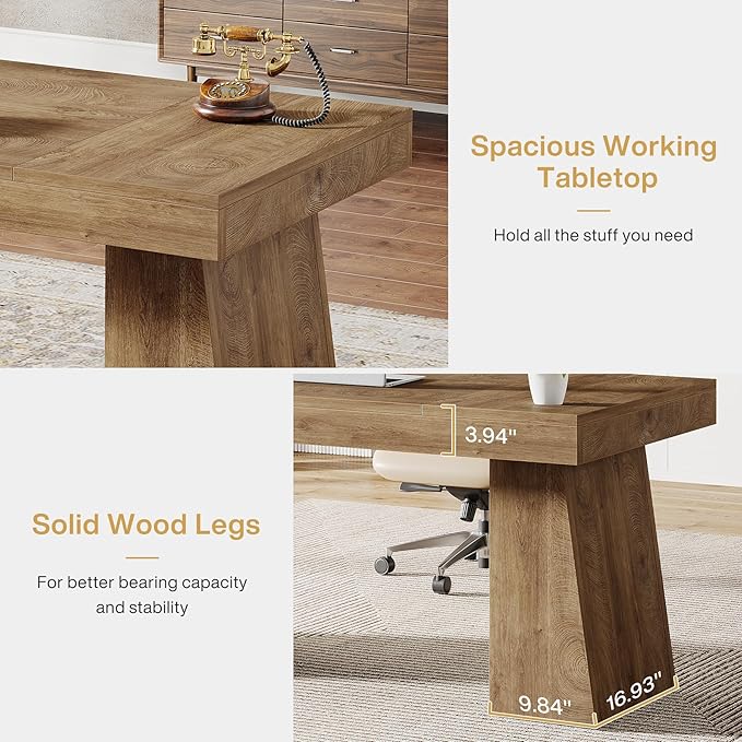 Tribesigns 55 Inches Executive Desk Mid-Century Modern Home Office Desk Wood Computer Table Business Workstation Small Conference Table Light Brown