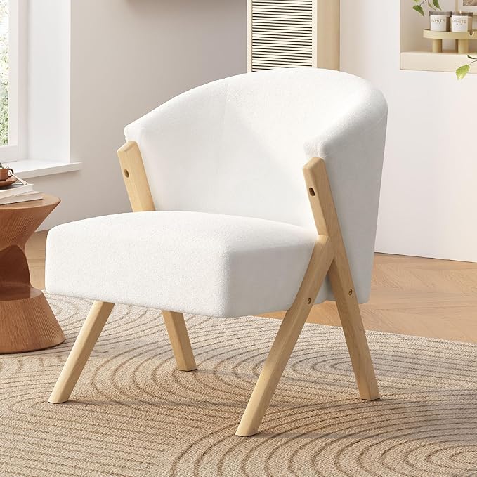 Modern Accent Chair with White Upholstery Minimalist Lounge Chair with Solid Wood Frame Upholstered Arm Chair Reading Leisure Chair for Living Room Bedroom Office White