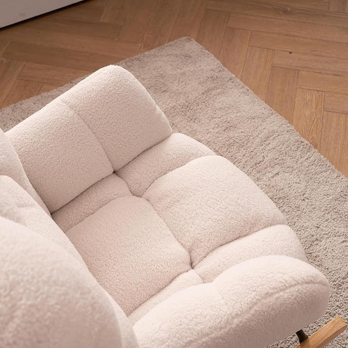 Swinging Chair Daycare Teddy Cushion high backrest Gliding Joystick Reading Chair Modern Swinging Accent Chair Gliding Lounge Chair Suitable for Living Room Daycare Bedroom (Ivory)