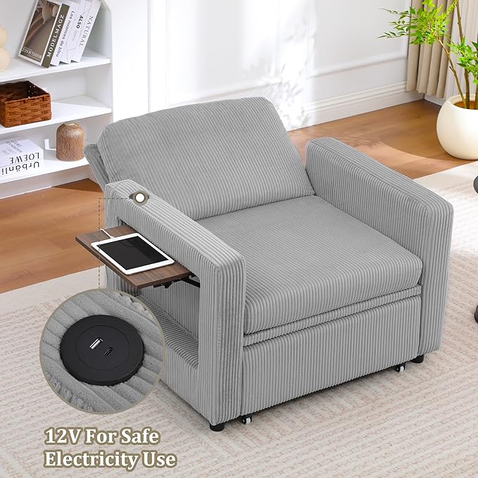 3 in 1 Folding Convertible Sleeper Sofa Bed Pull Out Couch with Side Pockets USB Port Side Table Single Sofa Bed with Adjustable Backrest for Living Room Bedroom 66 LIGHTGREY 1 SEAT