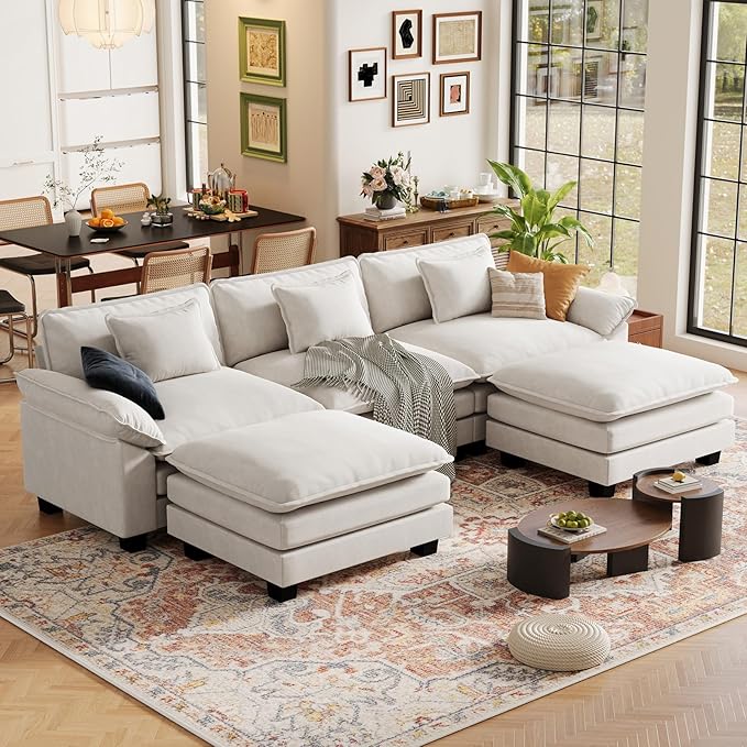 CDCASA 120 Modular Sectional Sofa Comfy U-Shaped Cloud Couch with 2 Movable Ottomans Oversized 5-Seater Velvet Deep Seat Sofa Couch for Living Room DIY Combination Beige