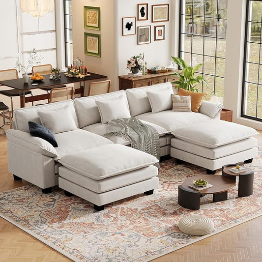 CDCASA 120 Modular Sectional Sofa Comfy U-Shaped Cloud Couch with 2 Movable Ottomans Oversized 5-Seater Velvet Deep Seat Sofa Couch for Living Room DIY Combination Beige