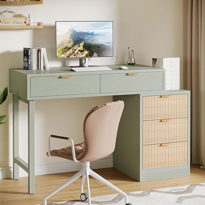 Tribesigns Computer Desk with 5 Drawers Reversible Small Writing Desk with Storage Modern Wooden Study Table Office Workstation for Home Office Small Spaces Mint Green