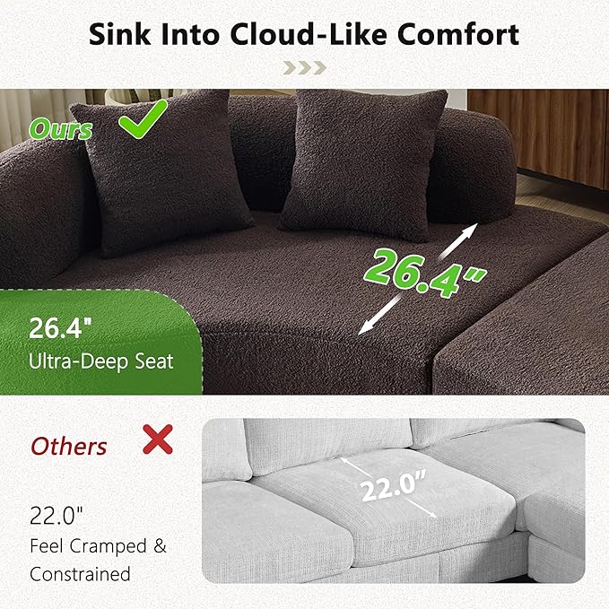 106.7 Modern Curved Oversized Sectional Sofa Minimalist Modular Cloud Couch with 4 Throw Pillows Luxury 4-Seater Extra Deep &amp Wide Seat Sofa in Soft Teddy Fabric Dark Brown