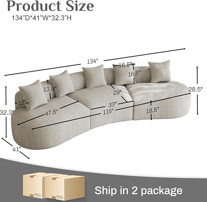 134 Curved Modular Sectional Sofa for Living Room Modern Chenille Oversized Cloud Couch Plush Luxury 6-Seater Extra Deep Seat Boucle Boneless Sofa No Assembly Required Grey