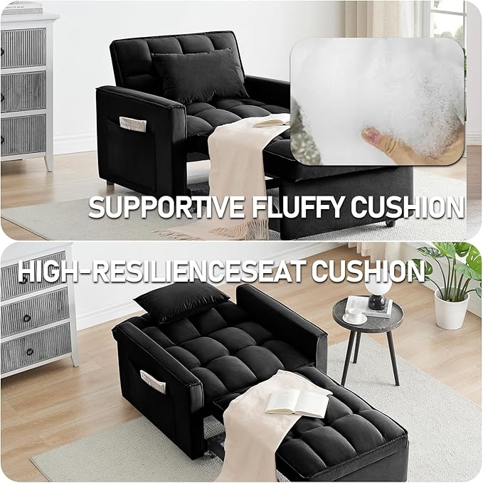 3 In 1 Velvet Convertible Sofa Bed Pull Out Couch Bed with Reclining Backrest And 2 Pillows 54 Full Size Loveseat Sleeper Sofa Futon Couch Bed Couches For Small Spaces Living Room (Black②)