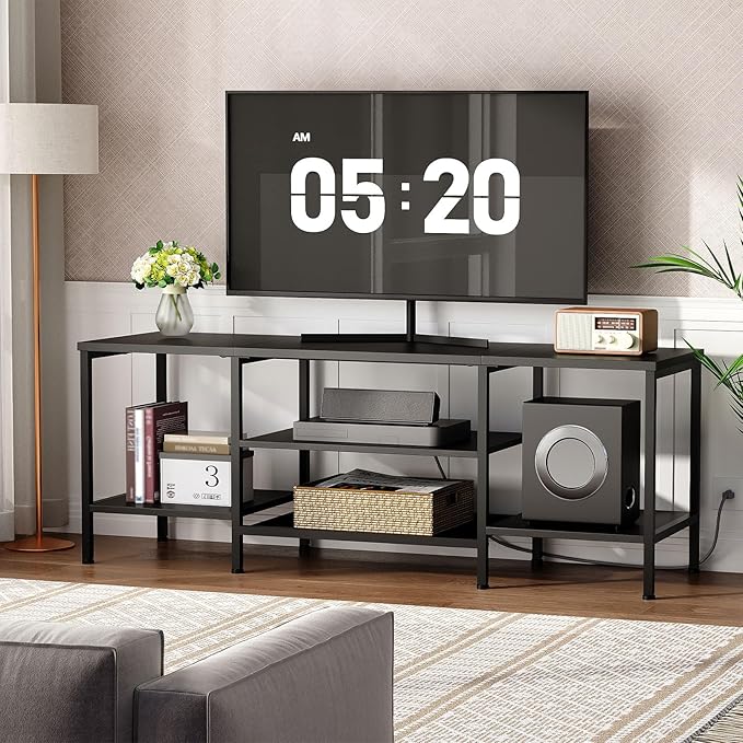 HOOBRO TV Stand with Power Outlets to 65 Inches TV Console Table with Open Storage Shelves Industrial Media Entertainment Center for Living Room Bedroom Black BB40DS01
