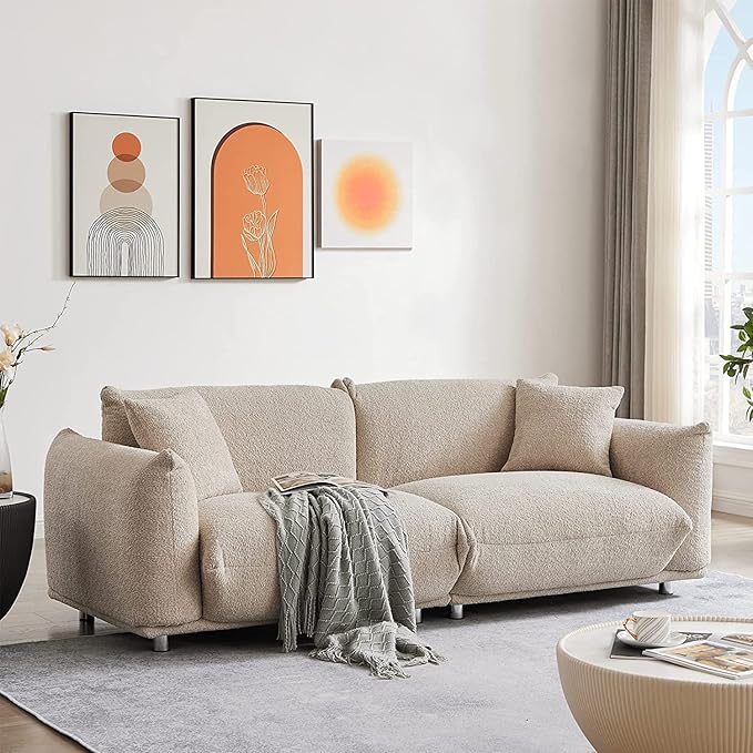 Hison Deep Seat Lambswool Sofa with 2 Pillows86 Inch Modern Sherpa Sofa with Solid Wood Frame 3 Seater Upholstered Couches Comfy Sofa for Living Room Apartment Office Camel