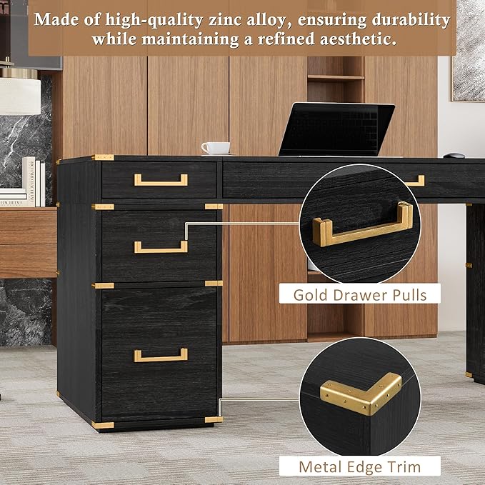 70 Extra-Large Executive Desk with 7 Drawers USB Ports &amp OutletGold Metal Hardware &amp Reinforced CornersModern Home Office Computer DeskBlack