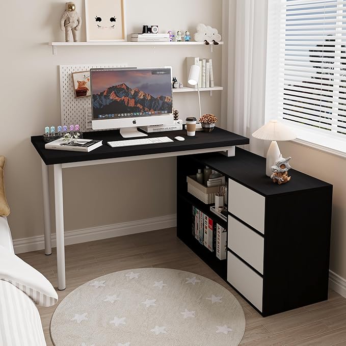 L Shaped Computer Desk 47 Inch Home Office Desk with File Drawers &amp Storage Shelves Small Corner Computer Desk for Small Space (Black + White)