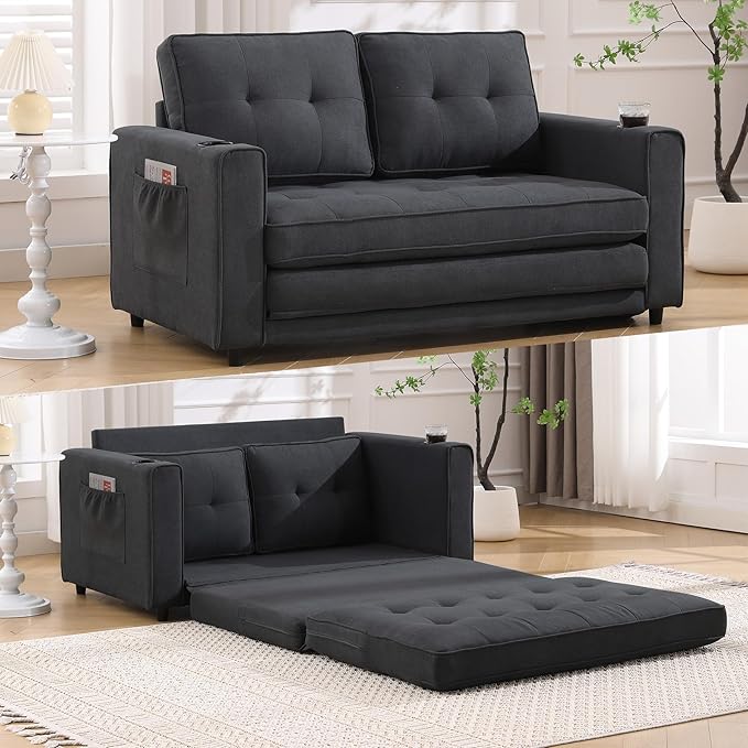 55 Loveseat Sofa Bed 3-in-1 Pull Out Floor Couch with Side Pockets &amp Cup Holder Floor Sofa Bed for Living Room Bedroom &amp Guest Room (Dark Gray)
