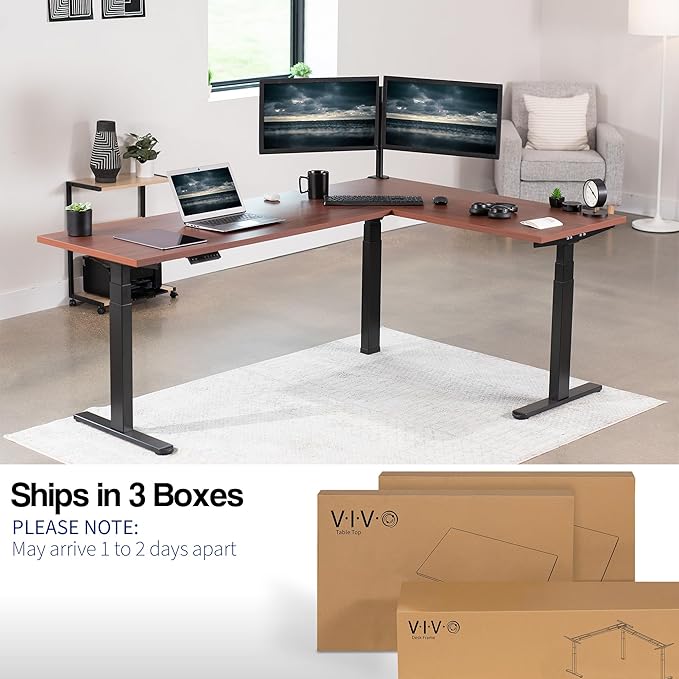 VIVO Electric 78 x 55 inch Square Corner Memory L Shaped Stand Up Desk Dark Walnut Table Top Black Frame Corner Height Adjustable Workstation 3E-S Series DESK-KIT-3E5SBD