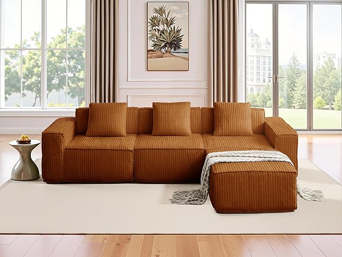 L-Shaped Corner Corduroy Sectional Sofa 4 Seat Modular Boneless Sofa Foam Cloud Couch with Movable Ottoman and Toss PillowsModern Deep Seat Convertible Chaise Sofa