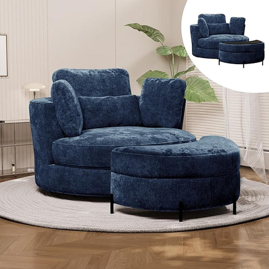 Chifee &amp Vingol Swivel Accent Chair with Ottoman 50.2 Round Swivel Chair Storage Ottoman &amp Pillows 360° Barrel Chair for Living Room Bedroom OfficeChenilleNavy