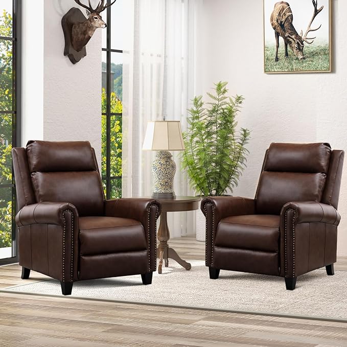 CANMOV Leather Recliner Chair Set of 2 Classic and Traditional Push Back Recliner Chair with Comfortable Arms and Back for Living Room Bedroom Adjustable Single Sofa Brown
