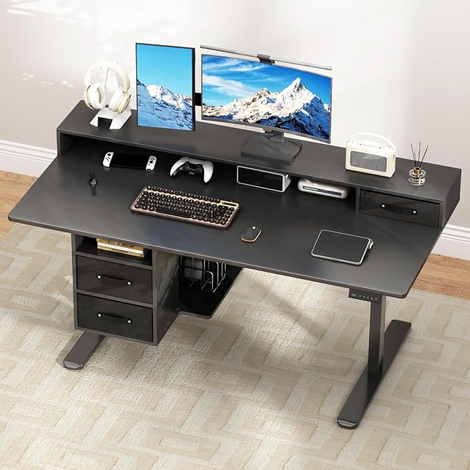 63x24 Inches Standing Desk with Drawers Electric Computer Desk with Open Storage Shelf Stand Up Desk Adjustable Height 28-46 Inches for Home and Computer Workstation Black