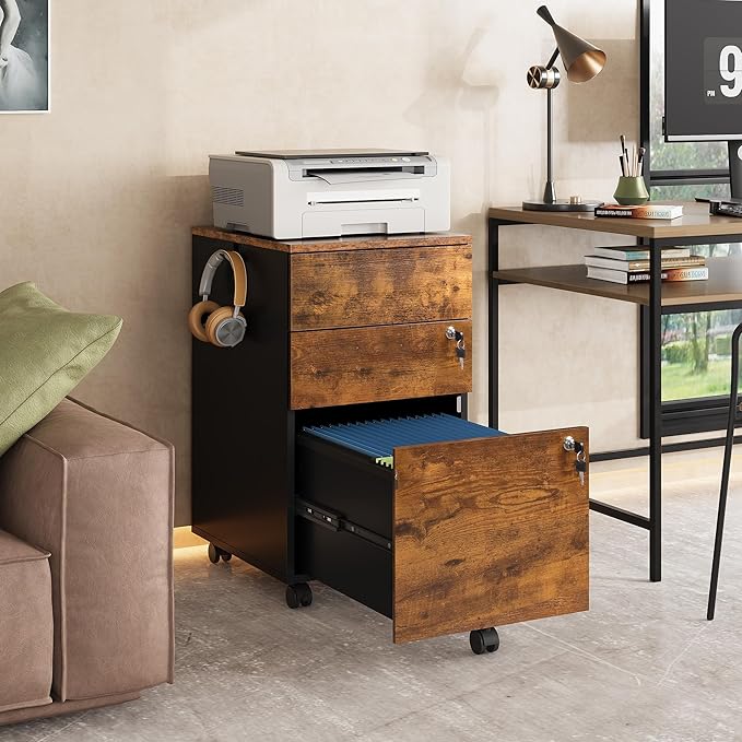 DEVAISE 3 Drawer Rolling File Cabinet with Lock Wood Under Desk Filing Cabinet fits Letter/Legal/A4 Size for Home Office Rustic Brown