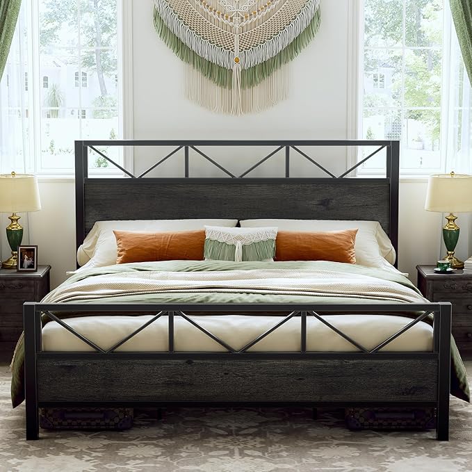 LIKIMIO King Bed Frame Tall Industrial Headboard 51.2  Platform Bed Frame with Strong Metal Support Solid and Stable Noise Free No Box Spring Needed Easy Assembly Charcoal Grey