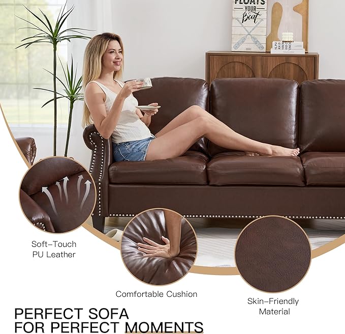 LEVNARY Compact PU Leather Sofa Set 3 Piece Small Space Couch Set with 3-Seater Loveseat &amp Armchair Comfortable Nailhead Trim Living Room Furniture for Apartment Office Guest Room (Brown)