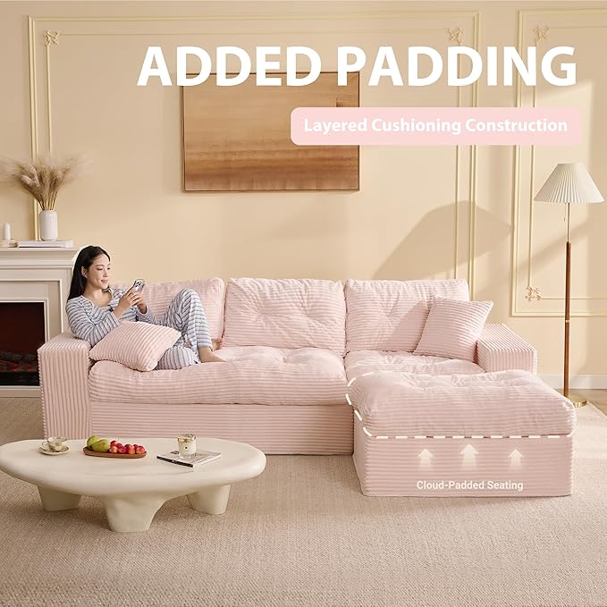 Modular Sectional Sofa 102” L-Shaped Corduroy Couch with Ottoman Deep Seat Comfy Sectional for Living Room Set of Soft Upholstered Cloud Couch for Apartment Pink