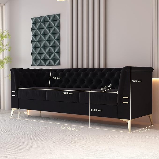 Black Chesterfield Velvet Couch for Living Room3 Seater Tufted Sofa with Gold Metal Legs Large Upholstered Comfy Couch (Black 82)