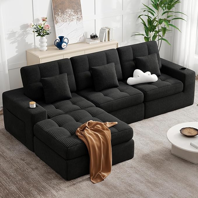 112 L Shaped Cloud Boneless CouchModern Modular Sectional Sofa with Layered CushionNo Assembly Convertible Corduroy Couches for Living RoomBlack 1 PCS