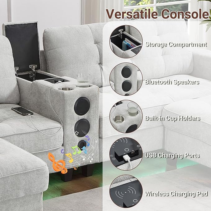 126 U Shaped Cloud Couch Sectional with Storage Ottomans Modular Sectional Sofa with Console for Living Room Modern Comfy Couch with Bluetooth Speaker/LED Light/Charging Station (Light Grey)