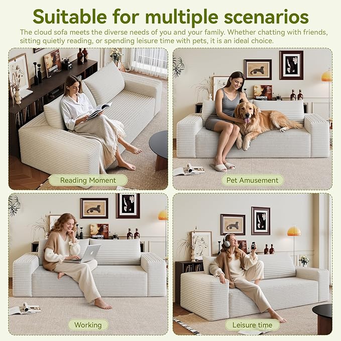 Boneless Cloud Loveseat Couch No Assembly Required Sofa in a Box 63/71 2 Seater Corduroy Compression Couch for Living Room Bedroom Apartment (White 63) | Comfortable