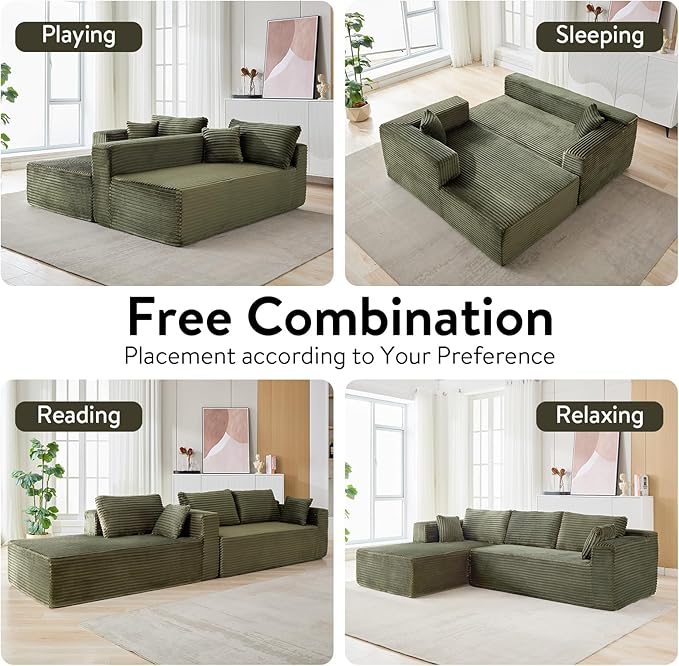 110 Modular Sectional Sofa Cloud Sectional Couch with L-Shape Chaise Modern Modular Couches with Deep Seat Corduroy Sponge Compressed Sofa for Living Room No Assembly Required (Green)
