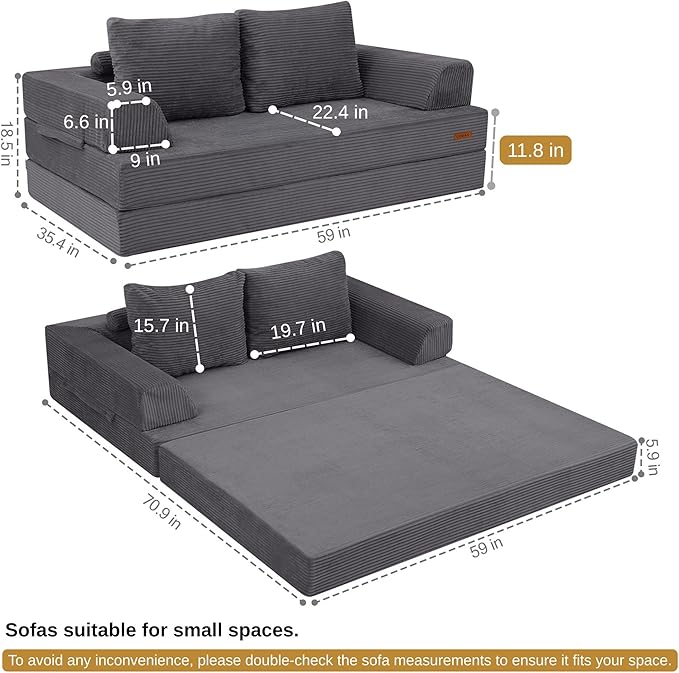 COMAX Convertible Sofa Bed Folding Floor Couch Corduroy Fold Out Couch Bed Futon Sleeper Mattress with Pillows Boneless Sofa Comfy Lounge Loveseat for Living Room Bedroom Grey