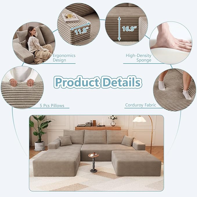 107 U Shaped Cloud Sectional Couch with Fluffy Corduroy Deep Memory Foam Seats Sofa with 1 Ottoman for Living Room No Assembly Required(CamelLeft-Facing Chaise)