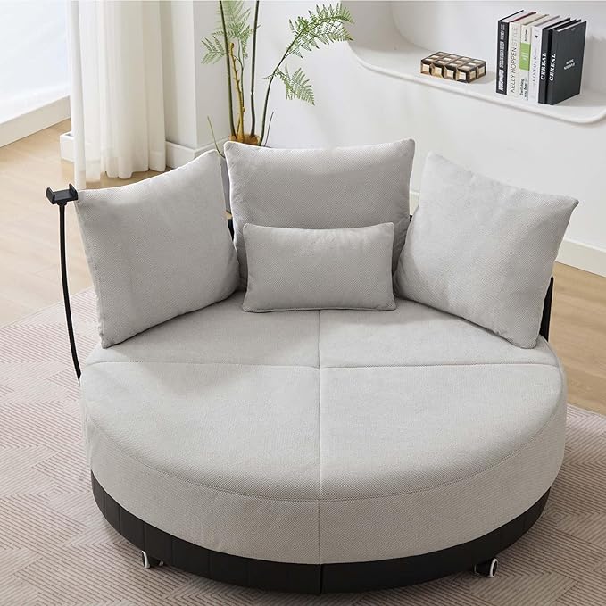 Anwick 52'' Oversized Round Swivel Chair360° Swivel Chair with Adjustable Phone Holder and 4 Pillows Upholstered Couples Chair with Rotating Pulley for Living Room Bedroom Lounge Hotel (Gray)