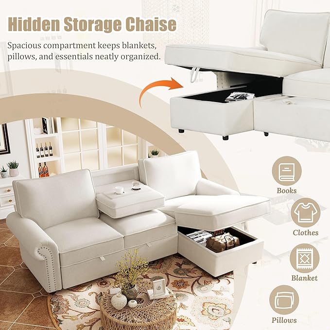 95 Convertible Sectional Sleeper Sofa with Storage Chaise Pull-Down Backrest with 2 Cup Holders Arc Armrests with Nailhead Trim Warp Knitting Polyester Fabric Acacia Wood Frame (Beige-09)