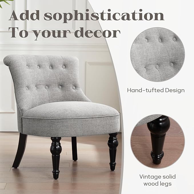 Armless Accent Chair Living Room Chairs with Wooden Legs Comfy Tufted Bedroom Chair Upholstered Chair for Reading Rooms Reception Apartments and Dormitories (Grey)