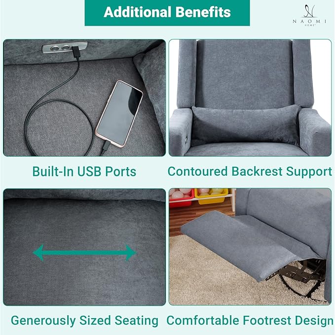 Naomi Home Tanya Luxury Motion Recliner Chair Gray – Plush Upholstered Glider Rocker with USB Charging Swivel and Lumbar Support for Nursery Comfort 275 lbs Capacity