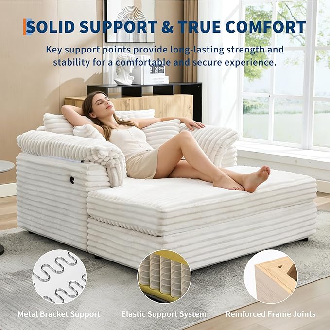 Oversized Chaise Lounge Chair Indoor Upholstered Sofa Bed with Throw Pillows and Armrests Comfy Corduroy Sleeper Couch with Cup Holders and Charging Port for Living Room Bedroom 60 Inch Wide White
