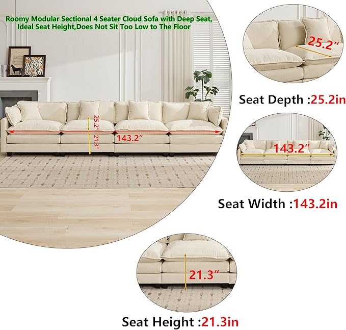 Aoowow Modular Sectional 4 Seater Cloud Sofa Couch for Living Room149.6 Beige Cloud Sofas with Deep SeatModern Chenille 4 Seat SofasFluffy Cloud Couches for BedroomOfficeHotel (Beige 4 Seater)